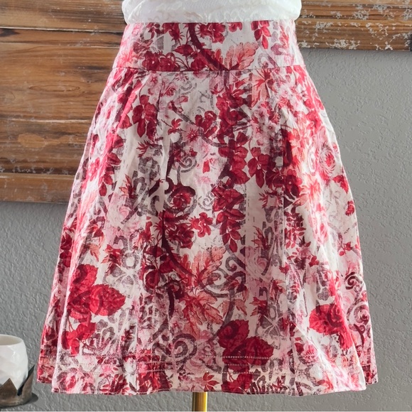 Gap Ivory Red Pink Abstract Floral Full Cotton Side Zip Skirt with Pockets -Sz 0 - Picture 6 of 14